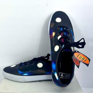 LUGZ MEN’S CANVAS LACE UP BLACK BASE WITH COLORFUL BOLKA DOT SHOES, SIZE 9